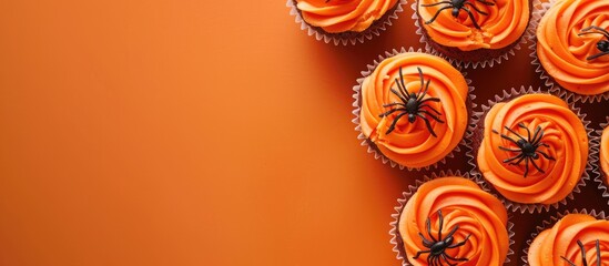 Wall Mural - View from above of tasty Halloween cupcakes adorned with spiders on an orange backdrop, providing room for text or images. Copy space image. Place for adding text and design