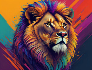  Löwen Kopf im Profil mit bunter Mähne