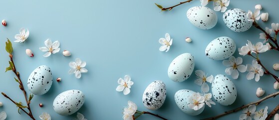 Wall Mural - Frame with white and blue speckled easter eggs and cherry blossoms on light blue background. Happy Easter concept