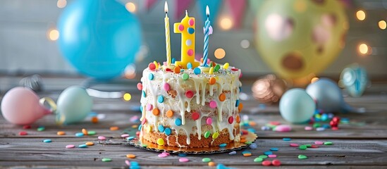 Aufkleber - First birthday cake with number one candles and festive decorations, a sweet and tasty treat for a child's celebration. Ideal for a copy space image.