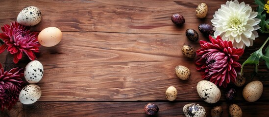 Fototapete - Easter-themed wooden background with a chrysanthemum flower, quail eggs, and copy space image.