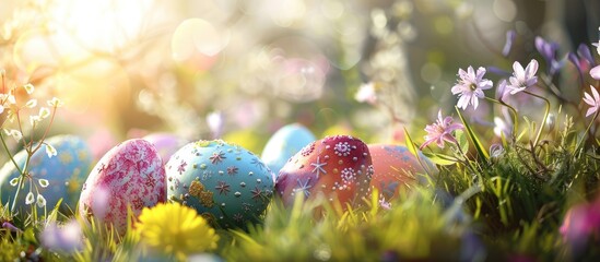 Fototapete - Beautiful Easter-themed image with colorful Easter eggs and lovely spring flowers, perfect for a copy space image.