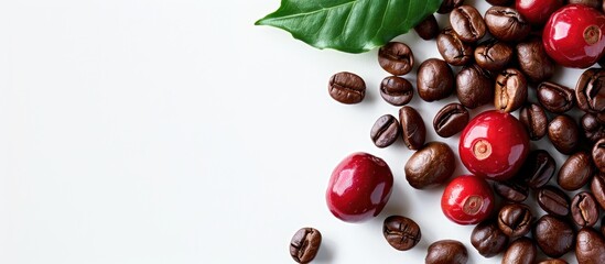 Wall Mural - Coffee beans, ripe and red, with a green leaf on a white background, creating a striking copy space image.