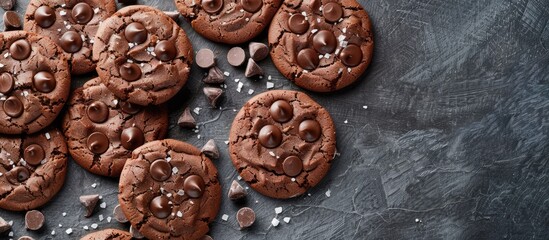 Fototapete - Chocolate cookies with a grey background, leaving empty space for text or other elements in the image. Copy space image. Place for adding text and design