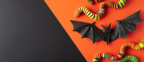 Poster - Colorful worms and a paper bat on an orange and black background with copy space image.