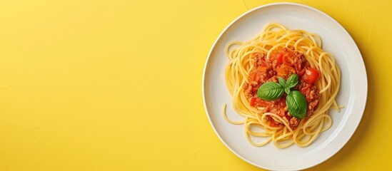 Aufkleber - Top view of a plate of spaghetti pasta bolognese adorned with tomato sauce, basil, on a creative yellow background with copy space image.