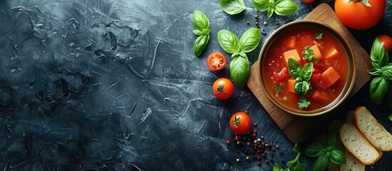 Aufkleber - Top view of summer tomato soup with fresh vegetables and green basil, in a copy space image.