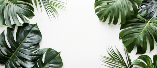 Fototapete - Bird's eye view of tropical palm leaves and Monstera plant on a white backdrop, with ample copy space image.