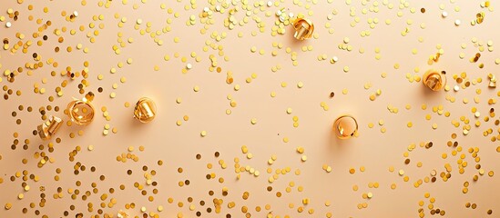 Poster - Trendy holiday backdrop with golden confetti on beige paper, perfect for birthday, Christmas, or New Year greetings. Top view with copy space image.