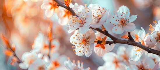 Poster - Macro photo of apricot tree blossoms in spring with white flowers. Background for design with copy space image.