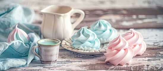 Poster - Close-up shot of pastel-hued meringues with cups and a jug on a light textured wood backdrop, evoking a cozy breakfast setting, with a soft and tender ambiance, allowing for a copy space image.