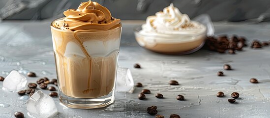Leinwandbilder - Trendy coffee cocktail on a grey background mock-up with copy space image for text, featuring Dalgona whipped coffee, milk, and ice cubes.