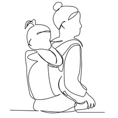 Wall Mural - continuous single drawn one line with a child on hands painted by hand picture silhouette. Line art. character mommy with the baby in his arms for a walk baby in kangaroo.Doodle