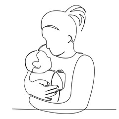 Canvas Print - continuous single drawn one line woman in hospital with a newly born child drawn by hand picture silhouette. Line art. character mother with newborn baby