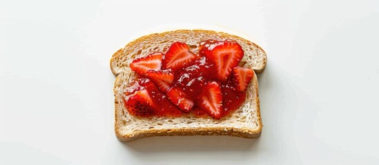 Poster - Top view of a slice of toast with strawberry jam on white background, flat lay style with room for text or image insertion. Copy space image. Place for adding text and design