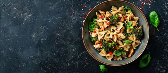 Wall Mural - Italian dish featuring farfalle pasta mixed with broccoli, chicken, and basil, shown from above on a dark backdrop, with room for additional text or images, known as a copy space image.
