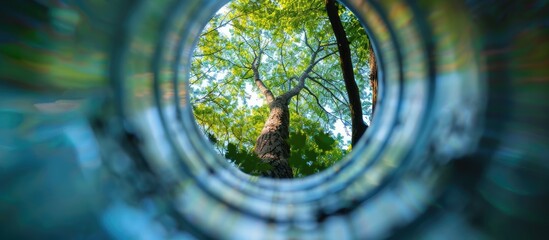 Canvas Print - Viewing through a stainless steel pipe with a blurred green tree at the end in a copy space image.