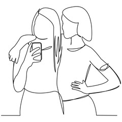 Canvas Print - continuous single drawn one line two girlfriends hand-drawn picture silhouette. Line art. photographed