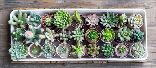 Poster - Arranged home garden collection of cactus and succulent plants in paper cups on a tray with a flat lay, top view for a copy space image.