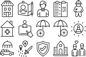 Insurance, Policy related concept editable stroke outline icons isolated on white background flat vector illustration