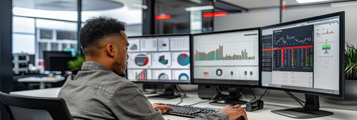 Wall Mural - A man sits at a modern office desk, focused on analyzing data displayed on multiple monitors