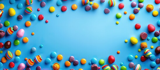 Aufkleber - Vibrant holiday backdrop with blue background featuring candy. Ideal for adding text. Suitable for Easter or birthday cards. Flat lay composition with a top-down perspective and room for text in the