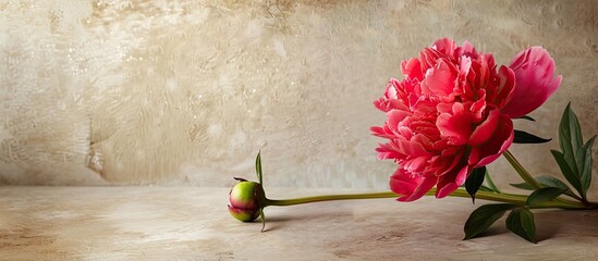 Leinwandbilder - A beautiful peony with a bud and a leaf next to copy space image for a holiday greeting card.