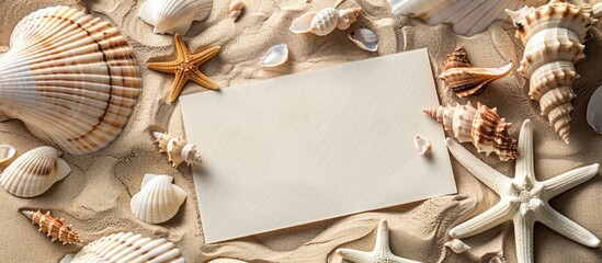 Poster - A vacation-themed setting adorned with shells, seastars, and a blank postcard, suitable for adding text or images, is symbolized in the copy space image.