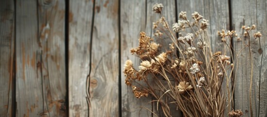Wall Mural - Vintage filter enhances beauty of dried flowers on rustic wooden backdrop with ample copy space image.