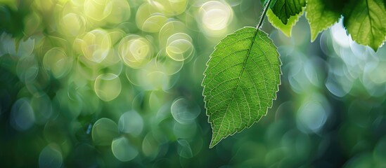 Aufkleber - Close-up of a green leaf against a blurred greenery backdrop in a garden with a copy space image, reflecting a natural and fresh wallpaper concept.