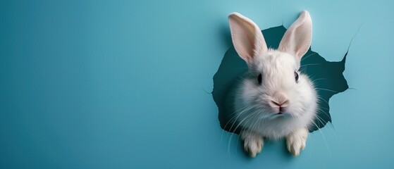 Wall Mural - Bunny peeking out of a hole in blue wall, fluffy eared bunny easter bunny banner, rabbit jump out torn hole