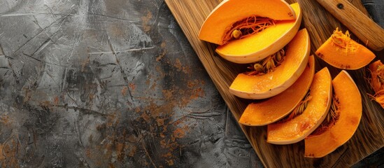 Sticker - There is a slice of pumpkin on a table and fried pumpkin slices on a cutting board on a stone background with available copy space image.