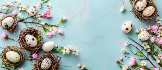 Leinwandbilder - Easter-themed flat lay with eggs in nests and spring flowers, perfect for greeting cards with a copy space image.