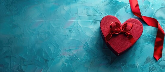 Aufkleber - Top-down view of heart-shaped gift box on blue backdrop, conveying a concept for holiday greeting cards with copy space image.