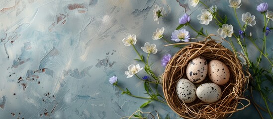 Leinwandbilder - Easter-themed flat lay with eggs in nests and spring flowers, perfect for greeting cards with a copy space image.
