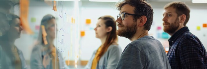 Wall Mural - A team of professionals gathers around a whiteboard in a bright and modern office space, brainstorming ideas and collaborating on a project