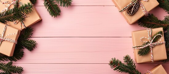 Wall Mural - Top view of gift boxes adorned with fir branches on a pink wooden background, providing copy space image.