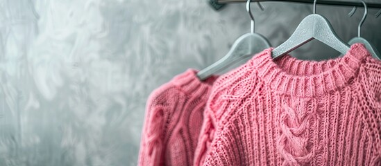 Sticker - Pink knitted warm sweaters hanging on gray hangers with a copy space image.