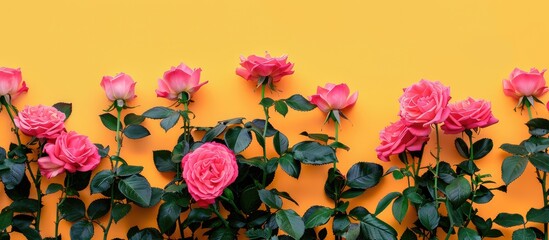 Wall Mural - Summer sale concept with pink roses on a yellow orange paper background for a vibrant copy space image.