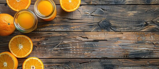 Poster - Ripe oranges, a glass of fresh juice, and slices on a wooden background with copy space image.