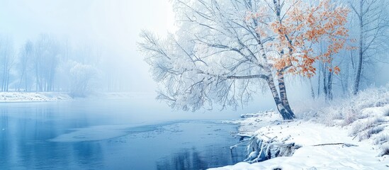 Wall Mural - Winter view of a birch tree on a riverbank covered with snow and frost, creating a serene scene with copy space image.