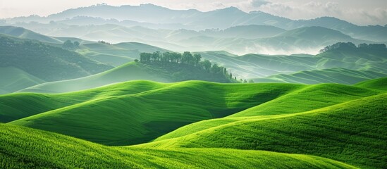 Wall Mural - Beautiful green valley with rolling hills in the background, perfect for adding text with copy space image.