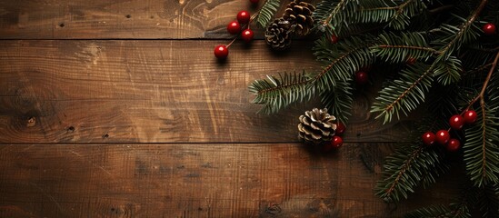 Leinwandbilder - An aerial view of a decorated Christmas tree branch, set against a wooden backdrop with copy space image.
