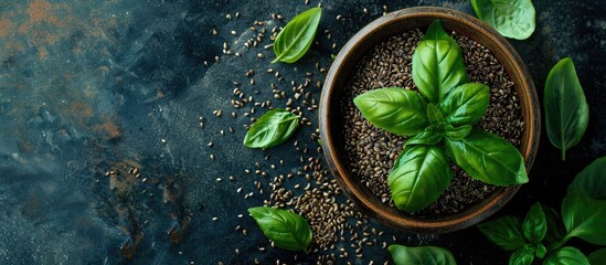 Wall Mural - A top-down view of a bowl filled with basil seeds and fresh leaves, with room for additional content alongside.