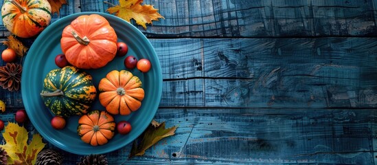 Poster - A plate featuring autumn decorations and pumpkins on a rustic blue wood backdrop with ample copy space image.