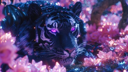 Wall Mural - A tiger with purple eyes is laying in a field of pink flowers