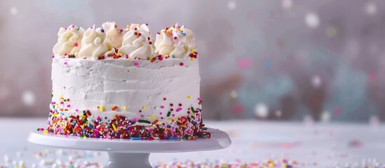 Aufkleber - White birthday cake with vibrant sprinkles on a backdrop with copy space image.
