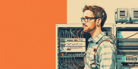 a man wearing glasses and a plaid shirt is standing in front of a server rack he is looking at the c