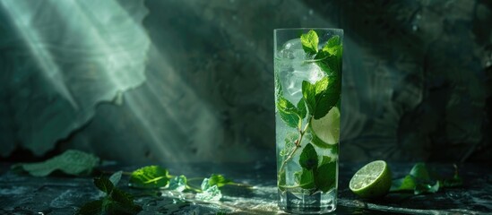 Aufkleber - Large image featuring a glass with a mojito cocktail containing lime, mint, and ice, adorned with herbs on a dark backdrop. Includes copy space.