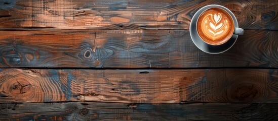 Wall Mural - Top view of latte art on a rustic wooden surface with space for text or other elements in the image. Copy space image. Place for adding text and design